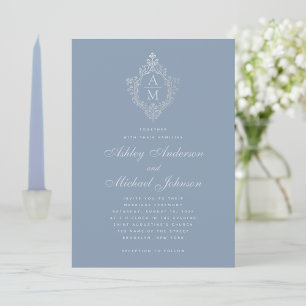 Invitation Dusty Blue Monogram Vintage Floral Crest Mariage