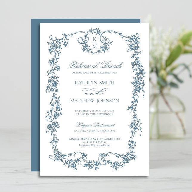 Invitation Dusty Blue Monogram Vintage Frame Rehearsal Brunch (Créateur téléchargé)