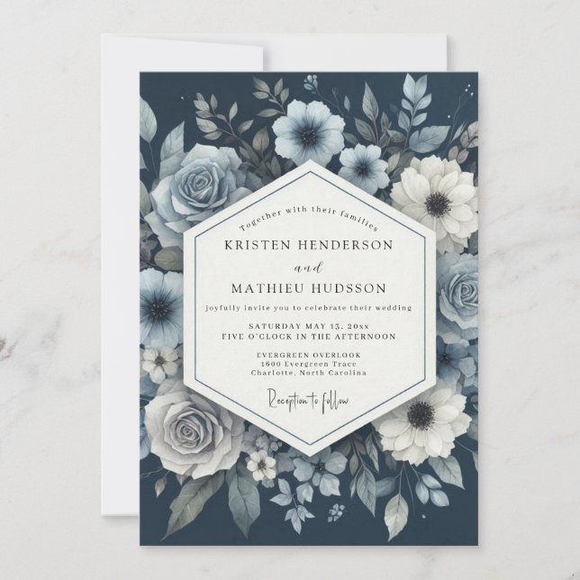 Invitation Dusty Blue Moody Bloom Wedding (Devant)