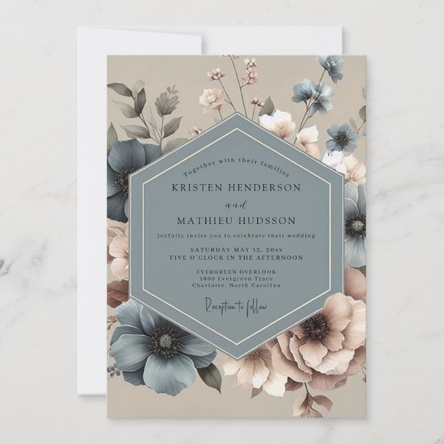 Invitation Dusty Blue Moody Floral Wedding (Devant)