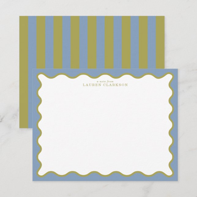 Invitation Dusty Blue & Mustard Wavy Border Note Card (Devant / Derrière)
