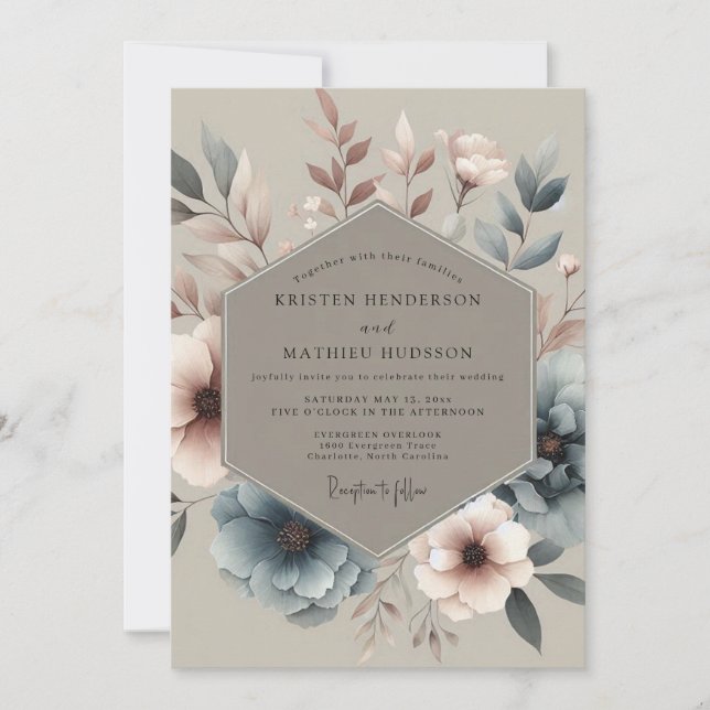 Invitation Dusty Blue Muted Bloom Wedding (Devant)