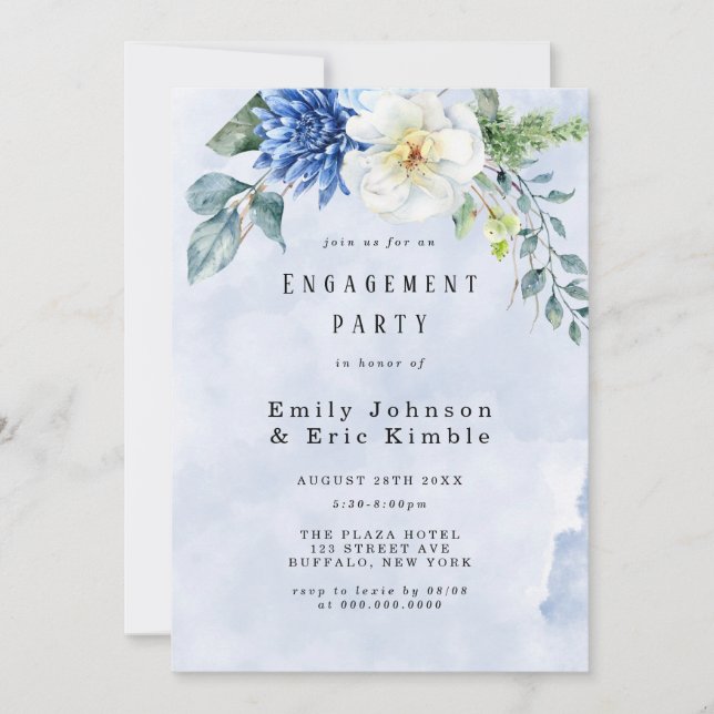 Invitation Dusty Blue Navy Aquarelle Floral Engagement Party (Devant)