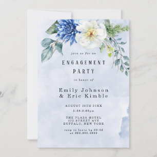 Invitation Dusty Blue Navy Aquarelle Floral Engagement Party