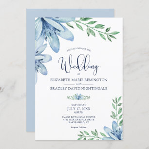 Invitation Dusty Blue & Navy Blue Blooms Mariage