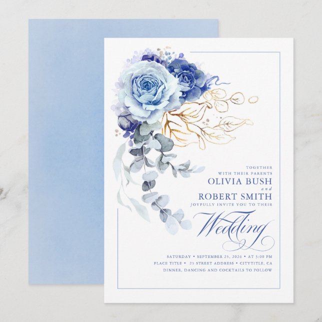 Invitation Dusty Blue & Navy Blue Boho Gold Floral Mariage (Devant / Derrière)