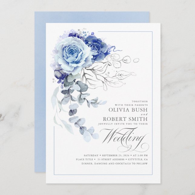 Invitation Dusty Blue & Navy Blue Boho Silver Floral Mariage (Devant / Derrière)