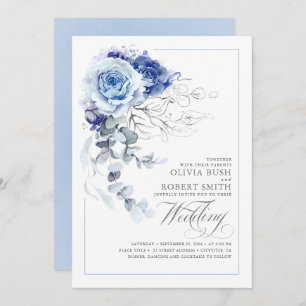 Invitation Dusty Blue & Navy Blue Boho Silver Floral Mariage