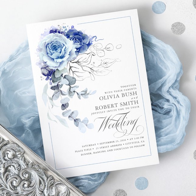 Invitation Dusty Blue & Navy Blue Boho Silver Floral Mariage (Dusty Blue and Silver Botanical Floral Chic Wedding Invitation)