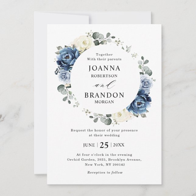 Invitation Dusty Blue Navy Champagne Ivory Floral Mariage (Devant)