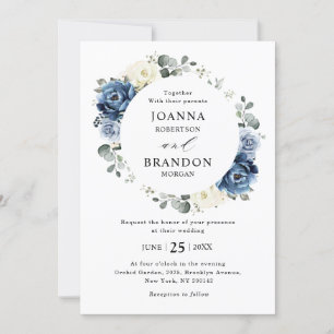 Invitation Dusty Blue Navy Champagne Ivory Floral Mariage