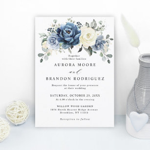 Invitation Dusty Blue Navy Champagne Ivory Floral Mariage