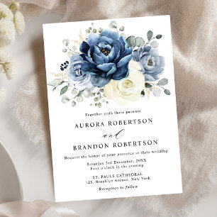 Invitation Dusty Blue Navy Champagne Ivory Floral Mariage