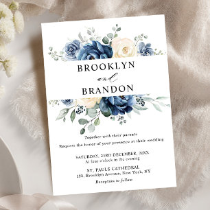 Invitation Dusty Blue Navy Champagne Ivory Floral Mariage