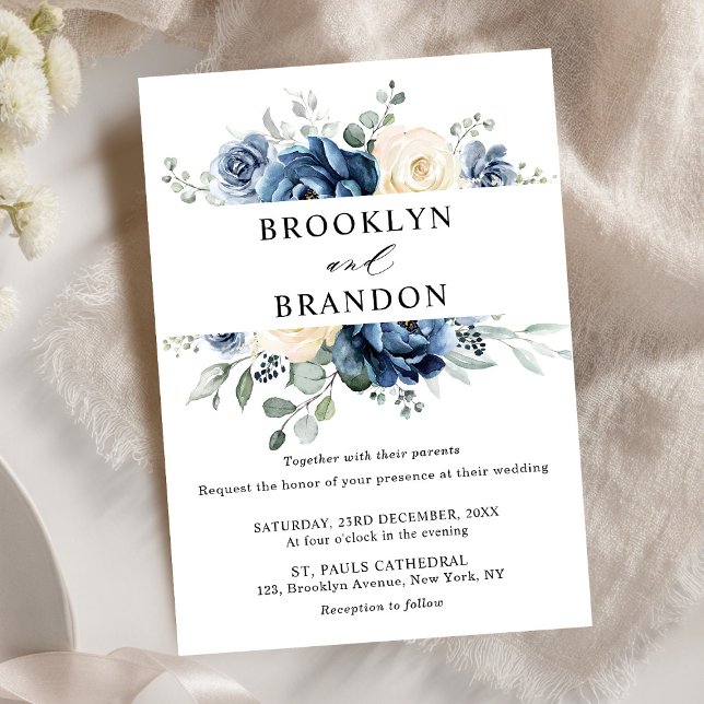 Invitation Dusty Blue Navy Champagne Ivory Floral Mariage (Dusty Blue Navy Champagne Ivory Floral Wedding Invitation)