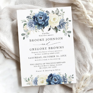 Invitation Dusty Blue Navy Champagne Ivory Floral Mariage