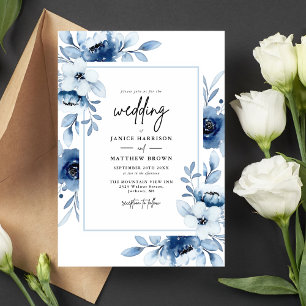 Invitation Dusty Blue Navy Champagne Ivory Floral Mariage