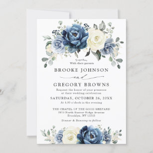 Invitation Dusty Blue Navy Champagne Ivory Floral Mariage