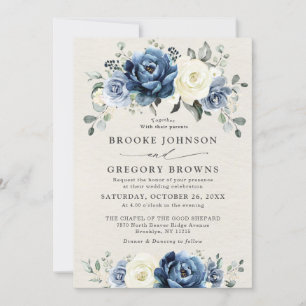 Invitation Dusty Blue Navy Champagne Ivory Floral Mariage En