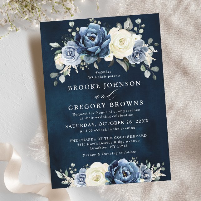 Invitation Dusty Blue Navy Champagne Ivory Floral Mariage En (Dusty Blue Navy Champagne Ivory Floral Wedding In Invitation)