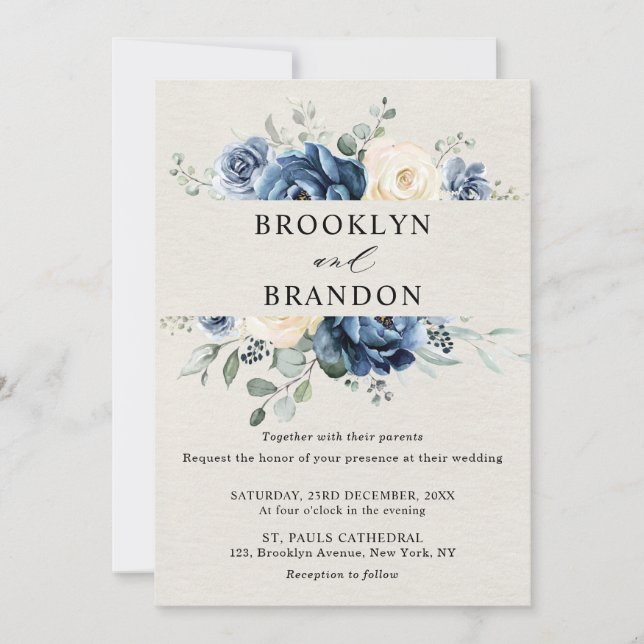 Invitation Dusty Blue Navy Champagne Ivory Floral Mariage Inv (Devant)