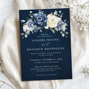 Invitation Dusty Blue Navy Champagne Ivory Floral Mariage Inv