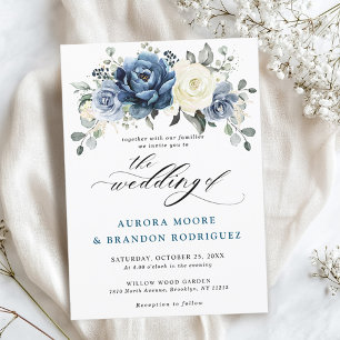 Invitation Dusty Blue Navy Champagne Ivory Floral Mariage Inv