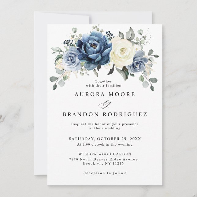 Invitation Dusty Blue Navy Champagne Ivory Floral Mariage Inv (Devant)