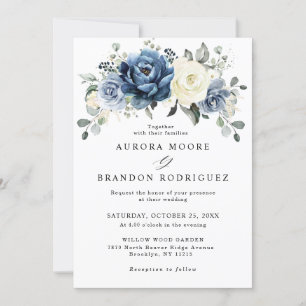 Invitation Dusty Blue Navy Champagne Ivory Floral Mariage Inv
