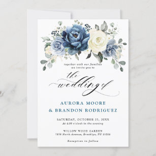 Invitation Dusty Blue Navy Champagne Ivory Floral Mariage Inv