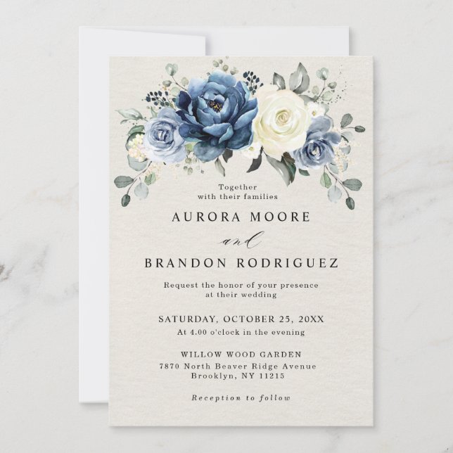 Invitation Dusty Blue Navy Champagne Ivory Floral Mariage Inv (Devant)