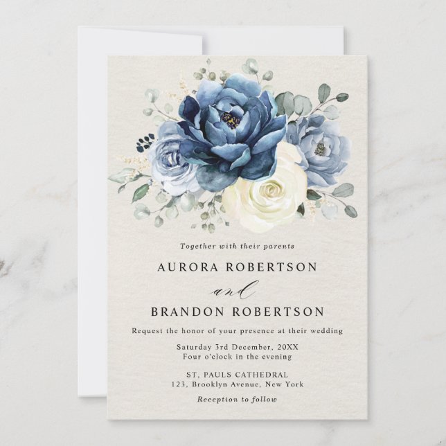 Invitation Dusty Blue Navy Champagne Ivory Floral Mariage Inv (Devant)