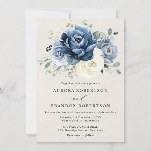 Invitation Dusty Blue Navy Champagne Ivory Floral Mariage Inv