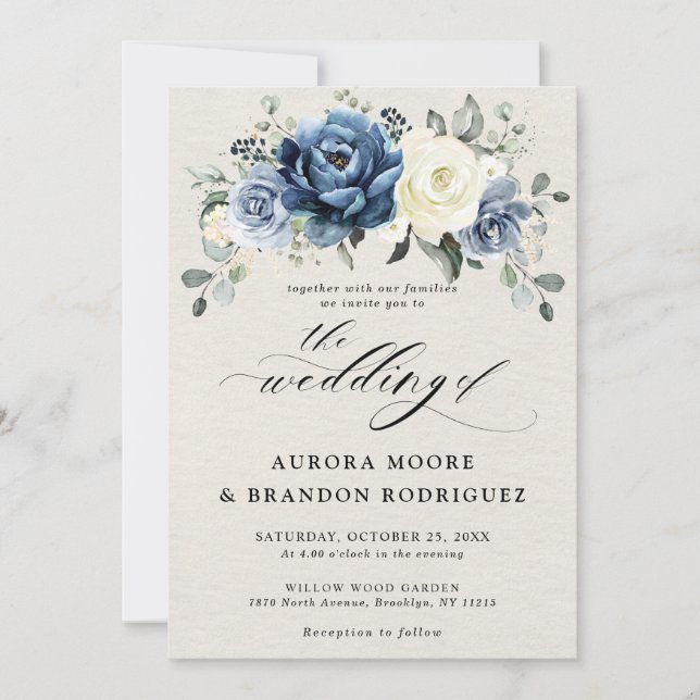 Invitation Dusty Blue Navy Champagne Ivory Floral Mariage Inv (Devant)