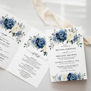 Invitation Dusty Blue Navy Champagne Ivory Folk Mariage