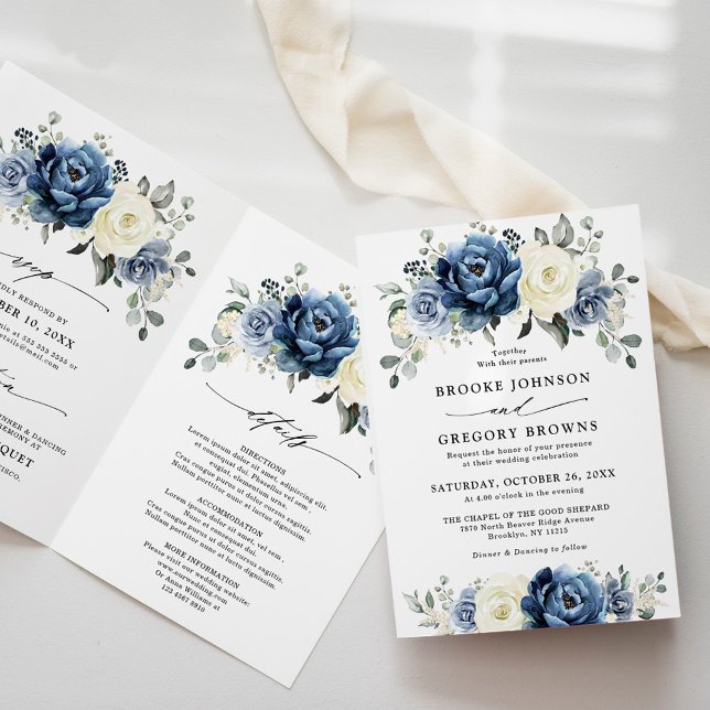 Invitation Dusty Blue Navy Champagne Ivory Folk Mariage (Dusty Blue Navy Champagne Ivory Floral Wedding Invitation)