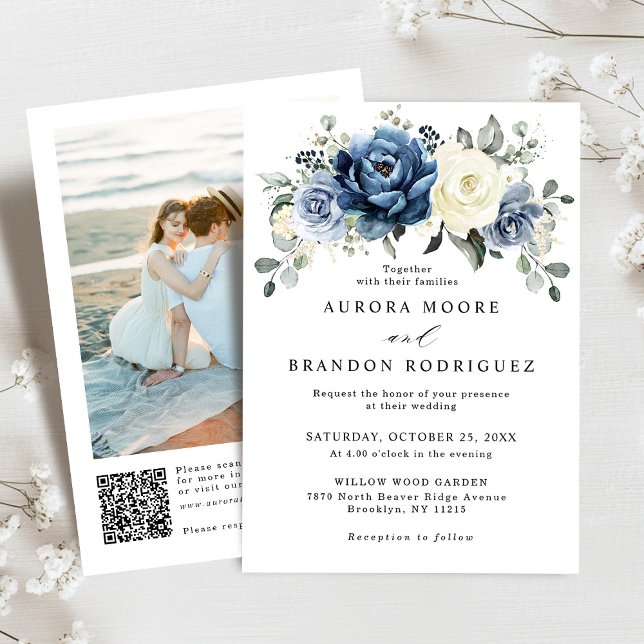 Invitation Dusty Blue Navy Champagne Ivory QR Code Mariage (Dusty blue champagne ivory floral QR code Photo wedding invitation)