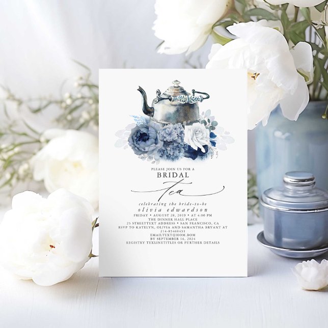 Invitation Dusty Blue Navy Fleurs Elégant thé à la Fête des m (Bridal Shower Tea Party Dusty Blue Invitations)