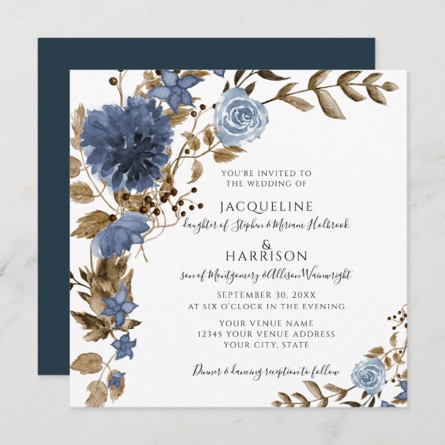 Invitation Dusty Blue Navy Floral Brown Foliage Mariage (Devant / Derrière)