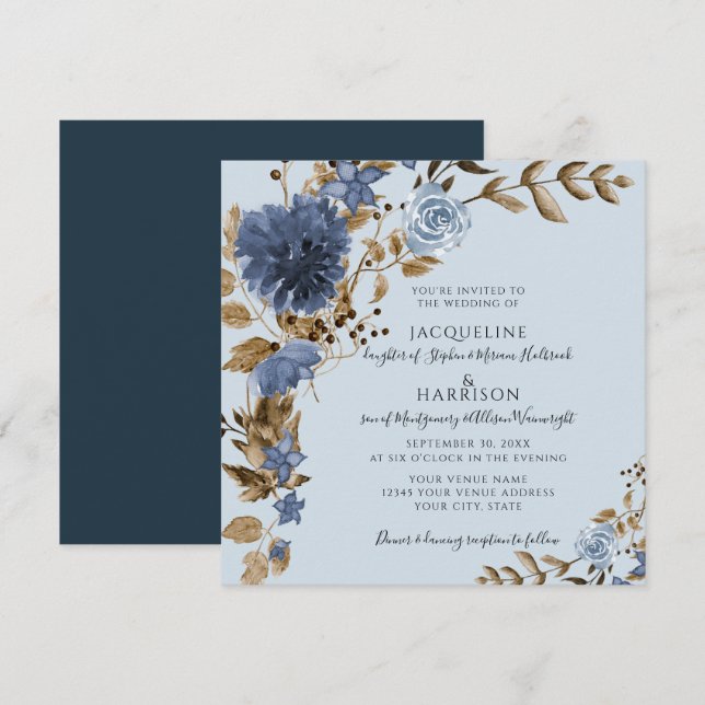Invitation Dusty Blue Navy Floral Earth Tone Mariage (Devant / Derrière)