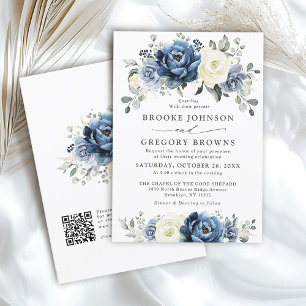 Invitation Dusty Blue Navy Ivory Floral Boho Mariage QR Code