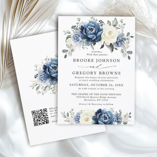 Invitation Dusty Blue Navy Ivory Floral Boho Mariage QR Code (Dusty Blue Navy Ivory Floral Boho Wedding QR Code Invitation)