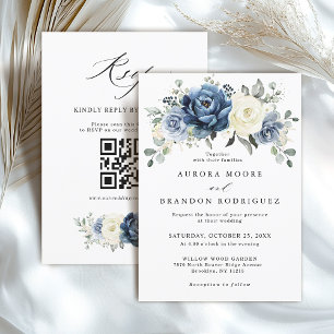 Invitation Dusty Blue Navy Ivory Floral Boho Mariage QR Code