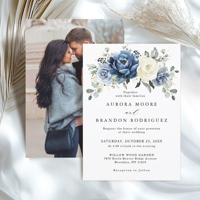 Invitation Dusty Blue Navy Ivory Floral Boho Mariage QR Code (Dusty Blue Navy Ivory Floral Boho Wedding Photo back Invitation)