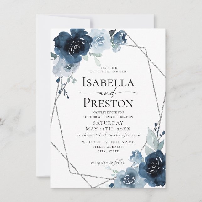 Invitation Dusty Blue Navy Pastel Silver Foil Floral Mariage (Devant)