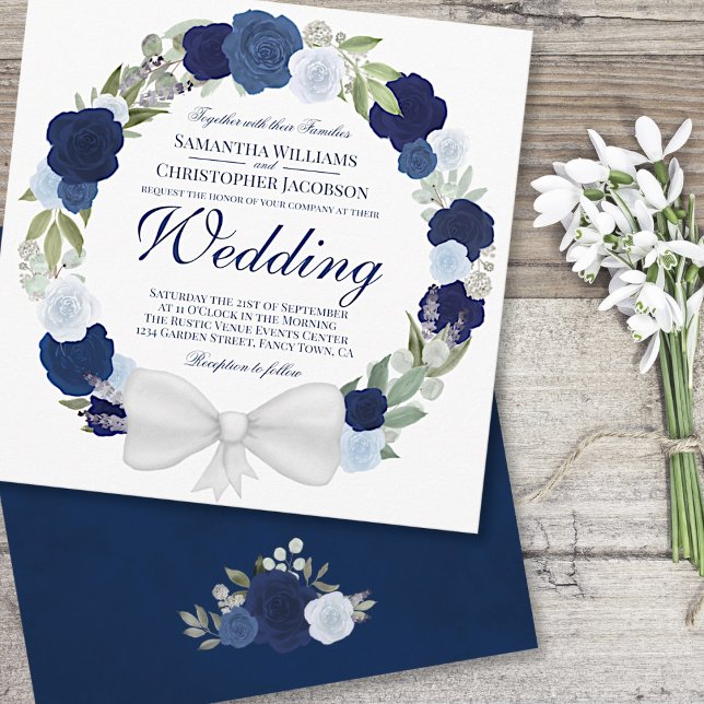 Invitation Dusty Blue & Navy Watercolor Floral Wreath Mariage (Créateur téléchargé)