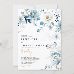 Invitation Dusty Blue Navy White Ivory Gold Floral Mariage