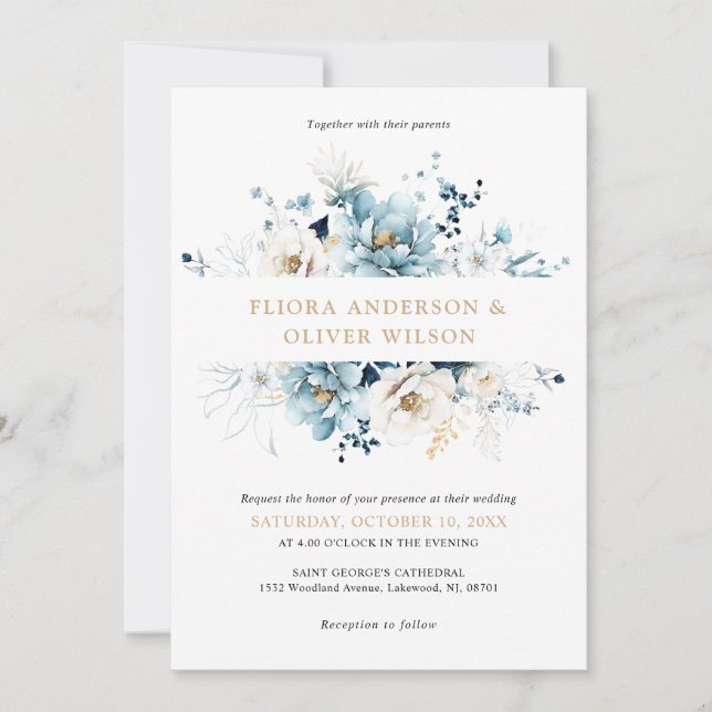 Invitation Dusty Blue Navy White Ivory Gold Floral Mariage (Devant)