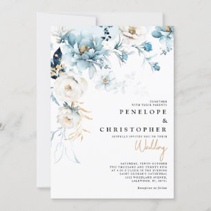 Invitation Dusty Blue Navy White Ivory Gold Floral Mariage da