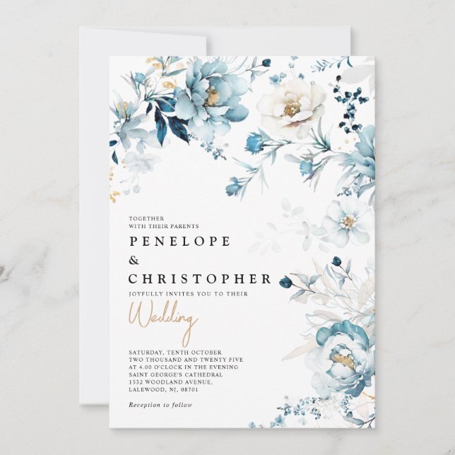 Invitation Dusty Blue Navy White Ivory Gold Floral Mariage da (Devant)
